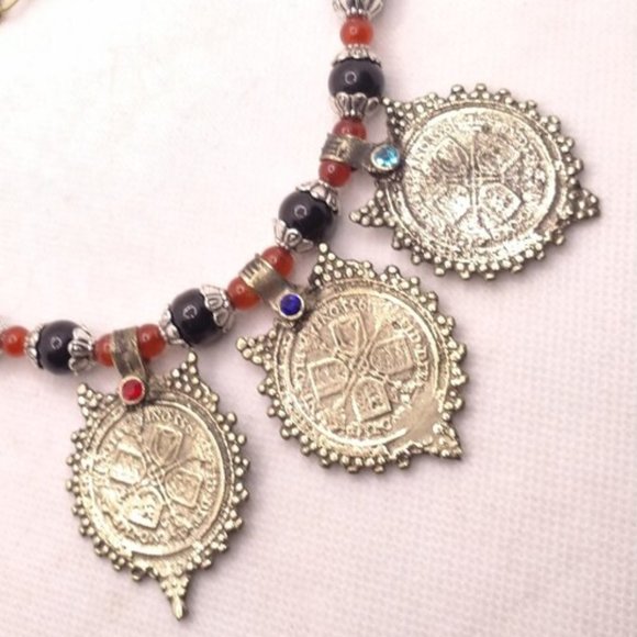 Vintage Coins With Beaded Chain Choker Necklace, Tribal Coins Choker Necklace, - Picture 3 of 6
